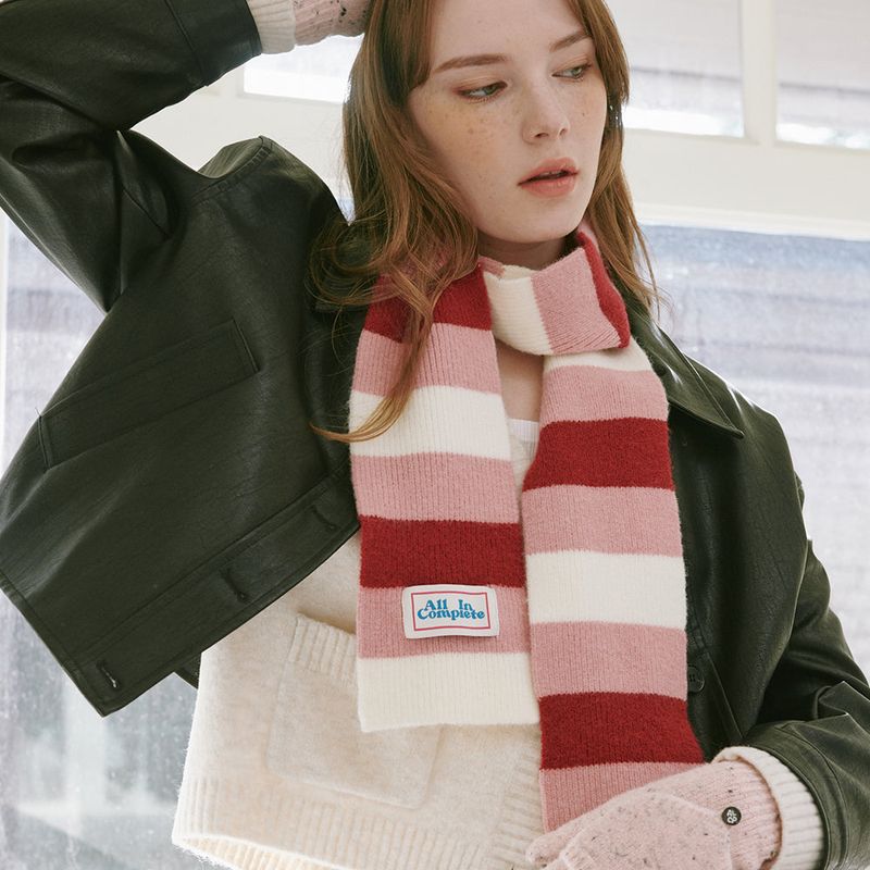 ALLINCOMPLETE（オールインコンプリート）の「3 Stripe Knit Muffler (Cherry, Pink, Cream)（Fashion Accessories）」