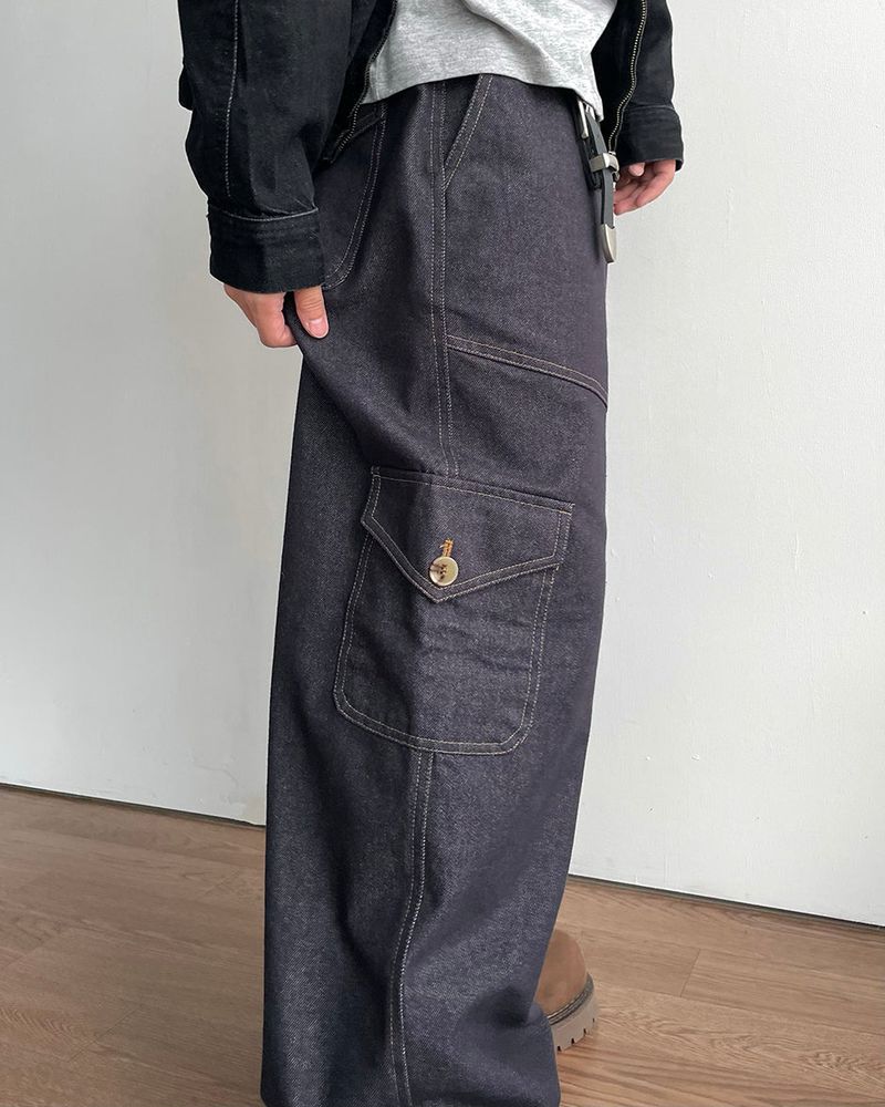 Button Non-fade Cargo Denim Pants