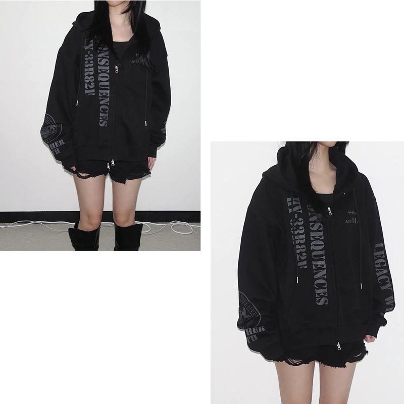 crest print heavy zip-up hoodie