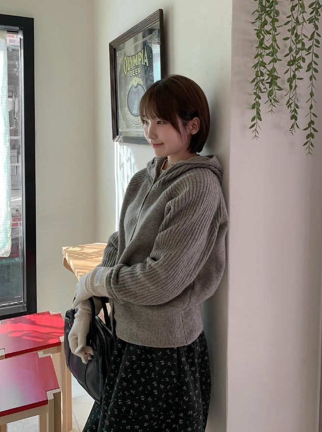 Higanne High Neck Angora Hood Knit Cardigan