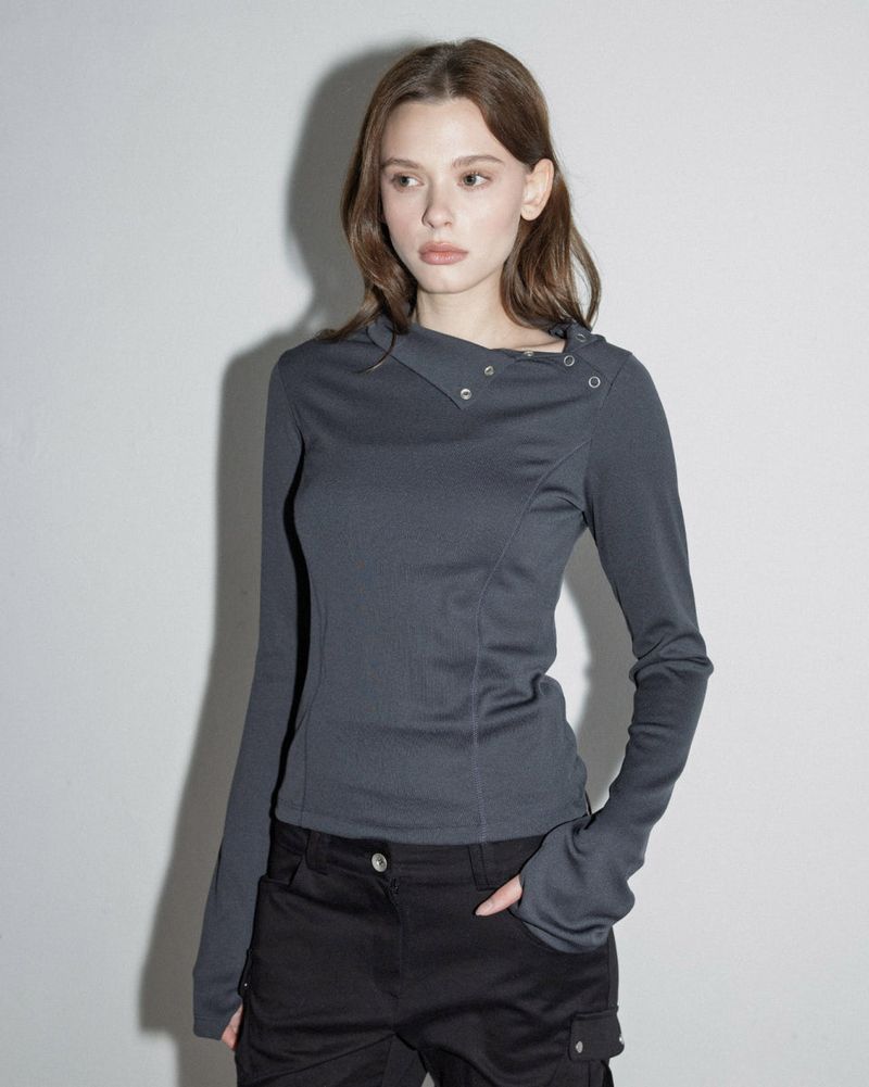 Diagonal Button Long Sleeve Charcoal