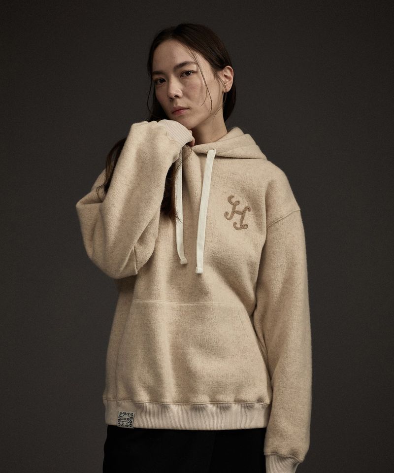 W MOHAIR WOOL CASHMERE BLENDED HOODIE BEIGE