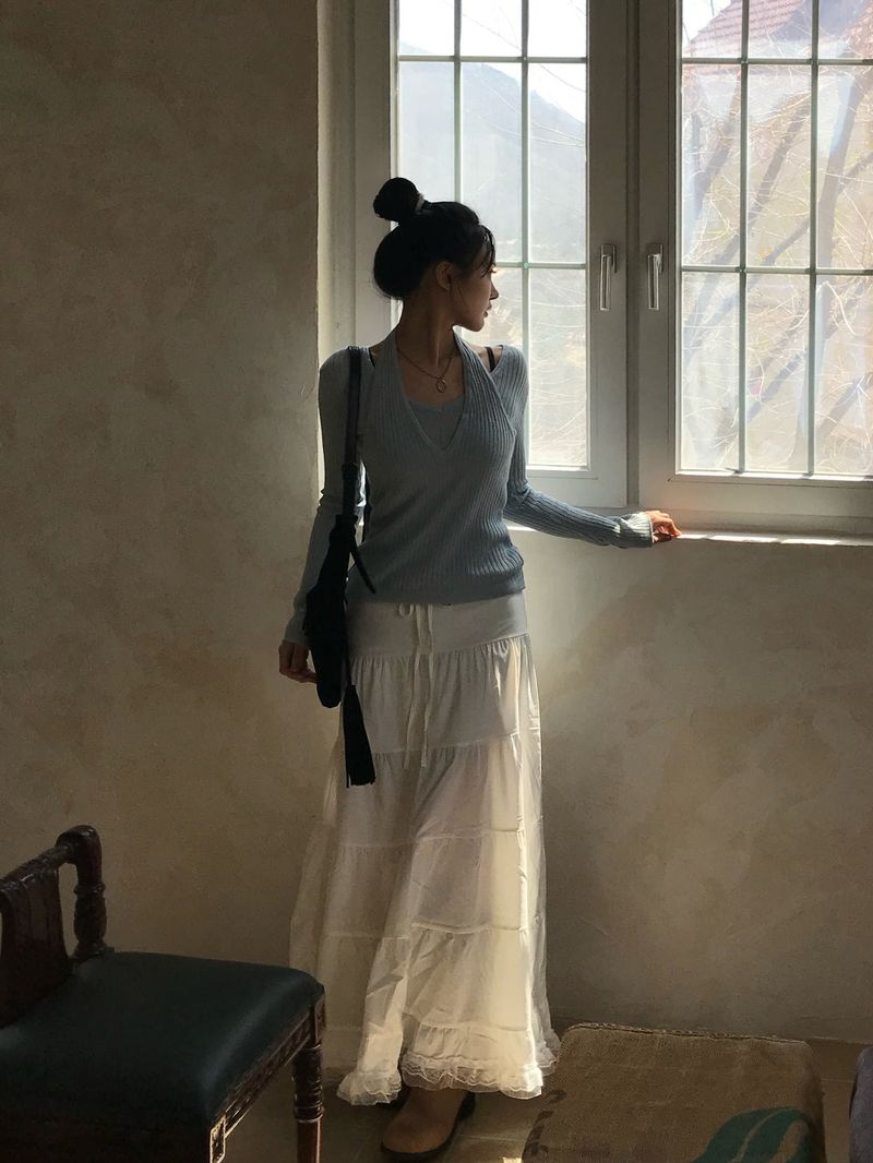 Second Layered Wrap Slim Fit Long Sleeve Rib Knit