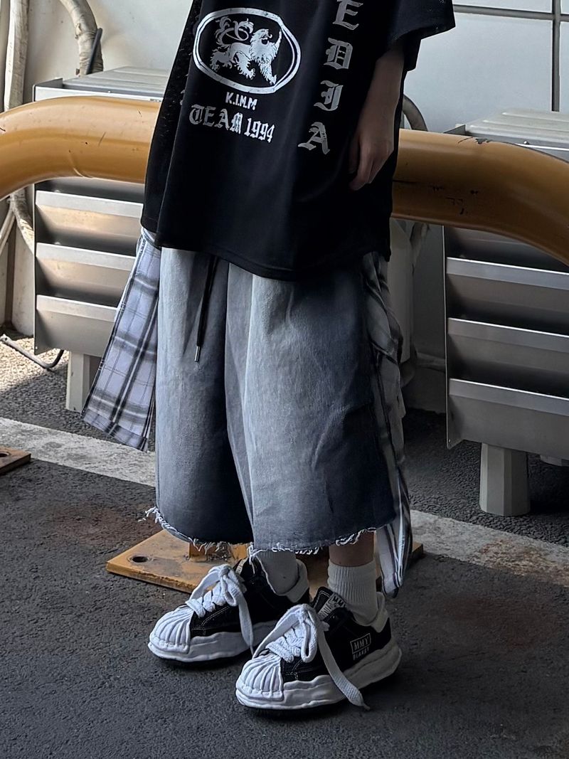 wrap check denim bermuda