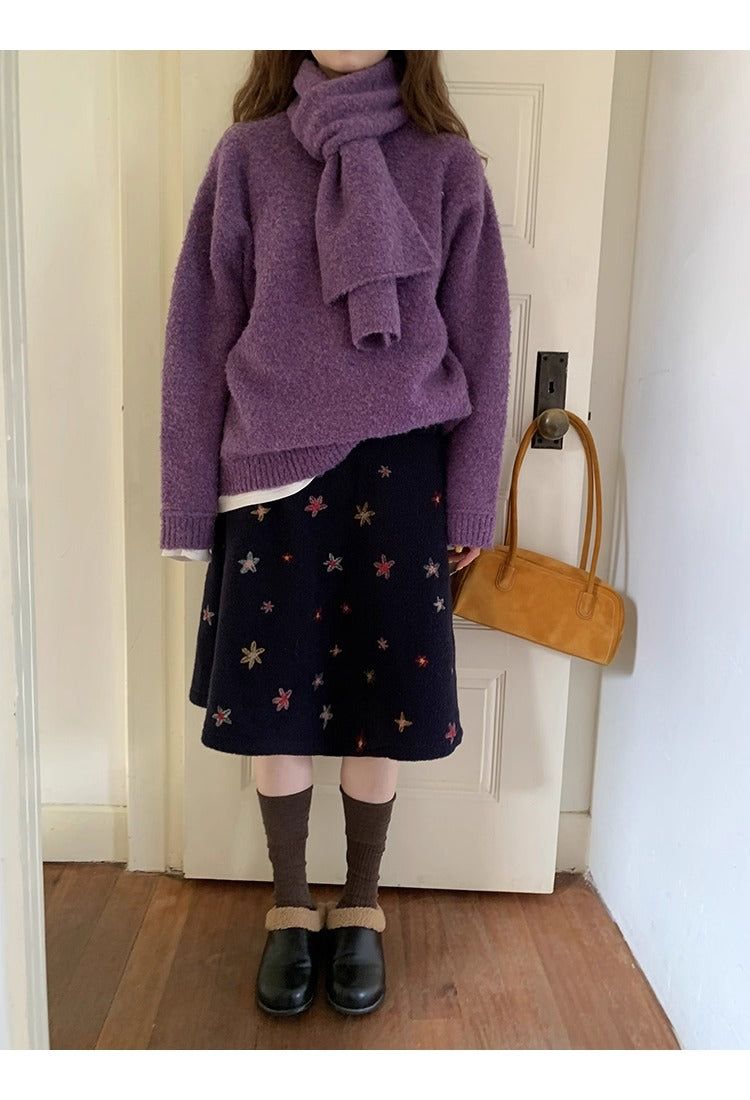 floral embroidered flare wool midi skirt