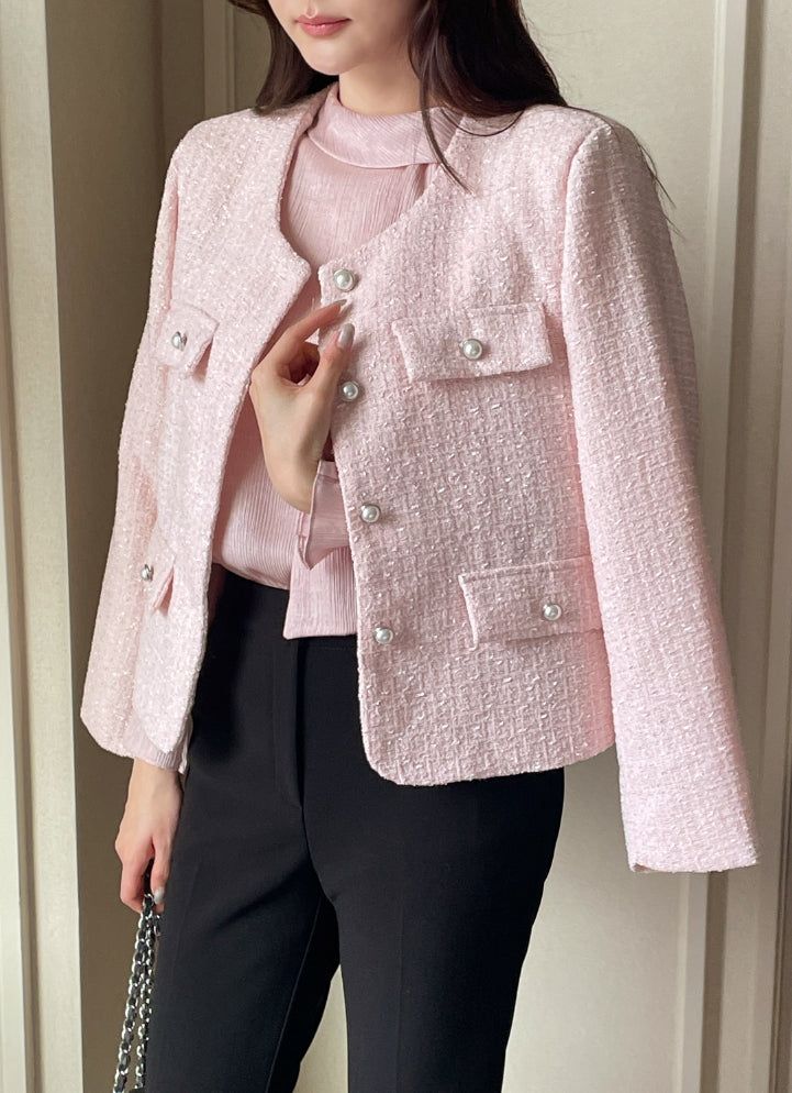 Schuet Round No-Collar Pearl Tweed Jacket