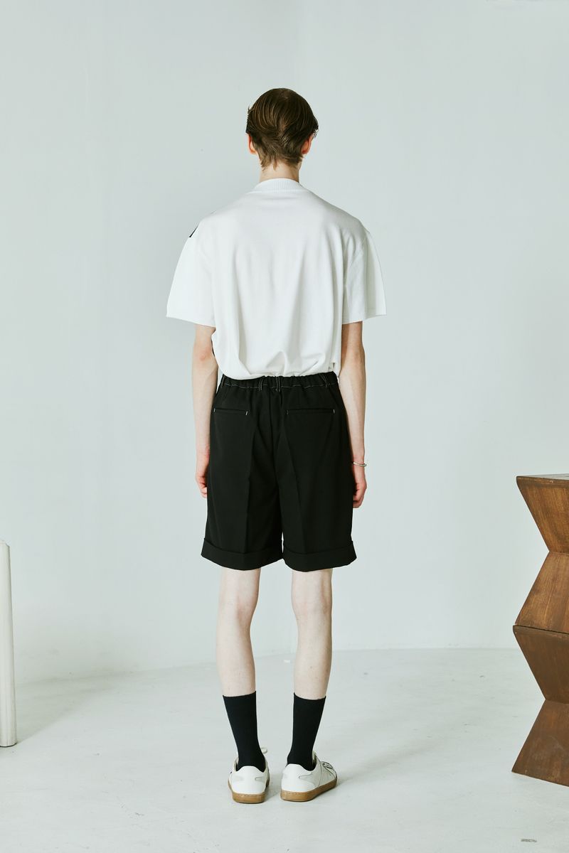 MOCK NECK HALF STRIPE KNIT T-SHIRT