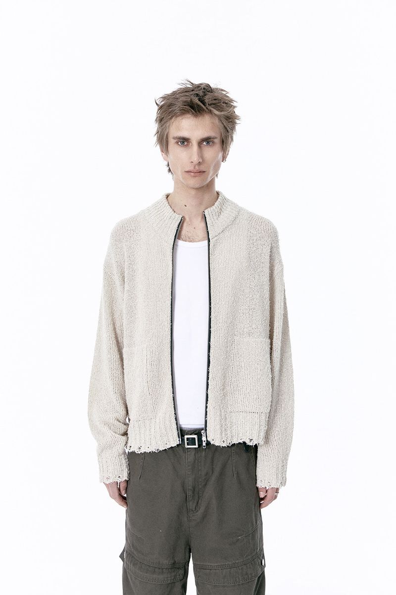DAMAGED CROP NET KNIT ZIP UP (IVORY)