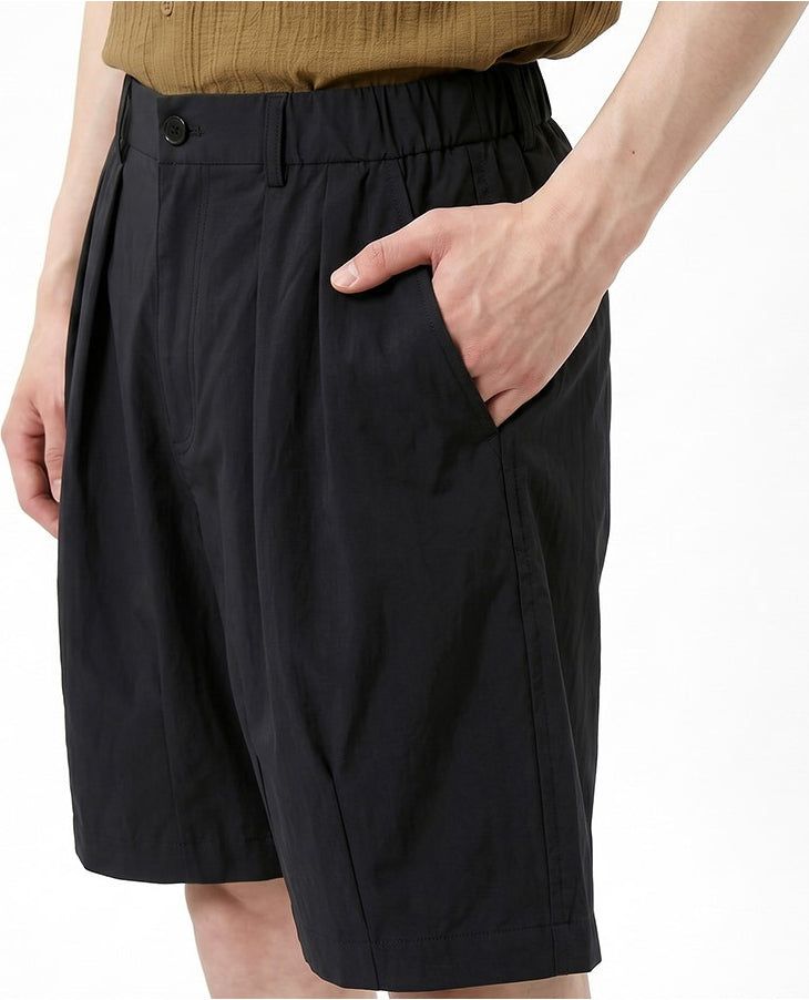 Nylon Stretch Double-Pleat Shorts Black