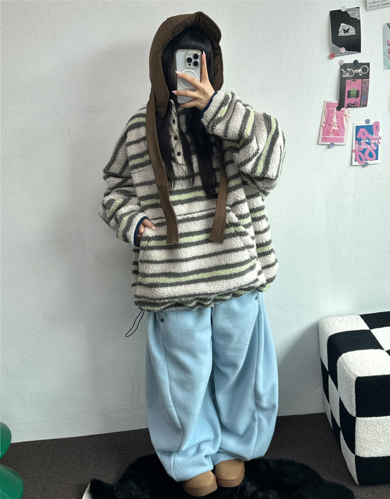 BOTH-SIDES FLEECE SNAP LONG PANTS 🧸🩵🤍6COLOR