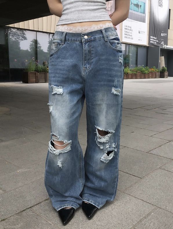 anyonemore（エニーワンモアー）の「レド ダメージウォッシュ ワイドデニムパンツ（パンツ）」