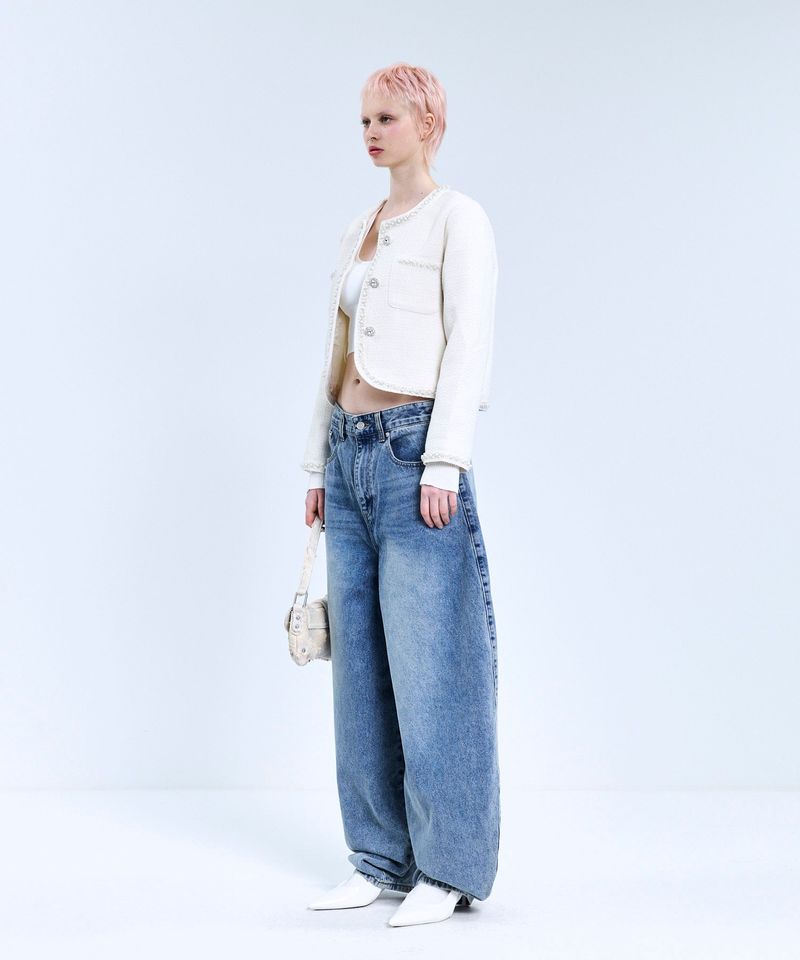 85-VIVAJ050 Line Point Crop Tweed Jacket White