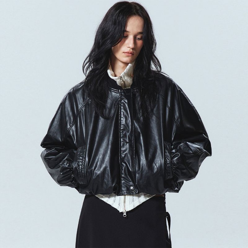 NICK&NICOLE（ニック＆ニコール）の「WRINKLE CROP VARSITY LEATHER JUMPER_BLACK（Jackets/Outerwear）」