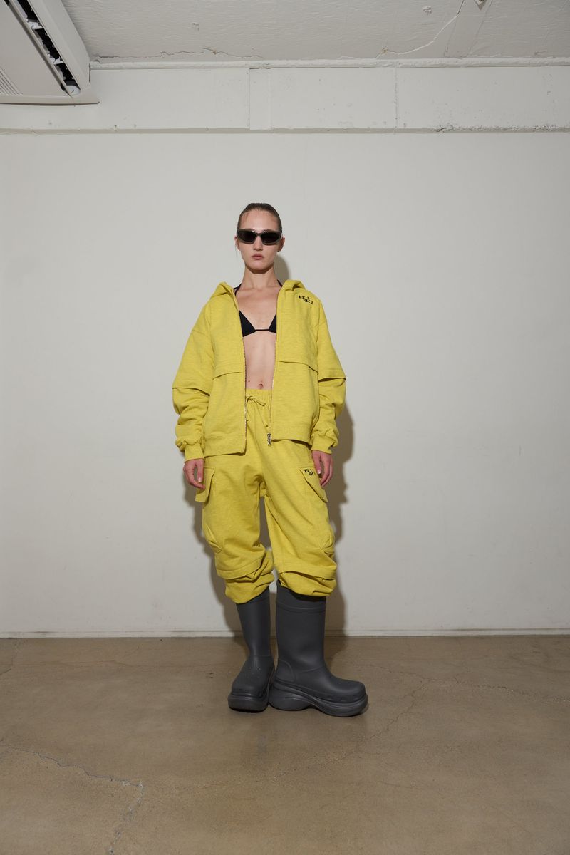 Back point shirring hood zip-up (Melange Yellow)