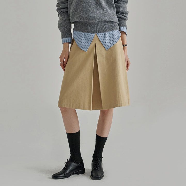 [made] [Allen] Back Banding A-Line Front Slit Cotton Midi Skirt - 3color