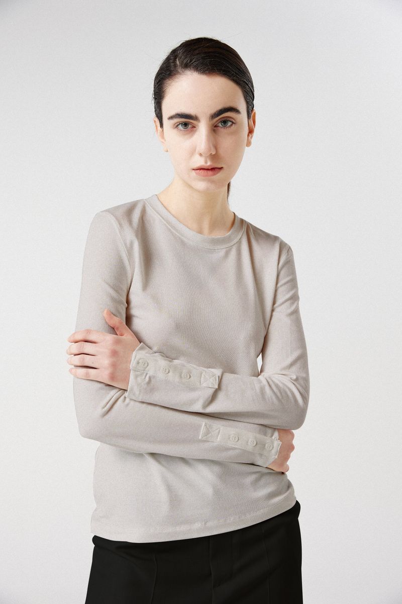 modal button long sleeve top_grayish beige