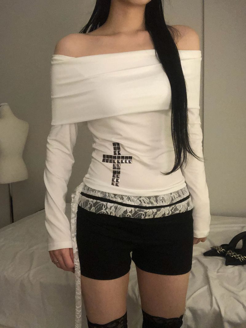 Crystal Stud Cross Off-Shoulder T