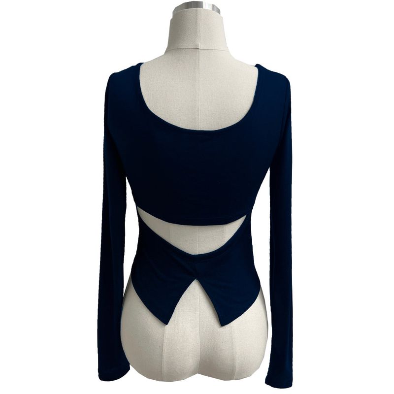 Cutout Back Slit Round Neck Long Sleeve Tee (4 Colors)