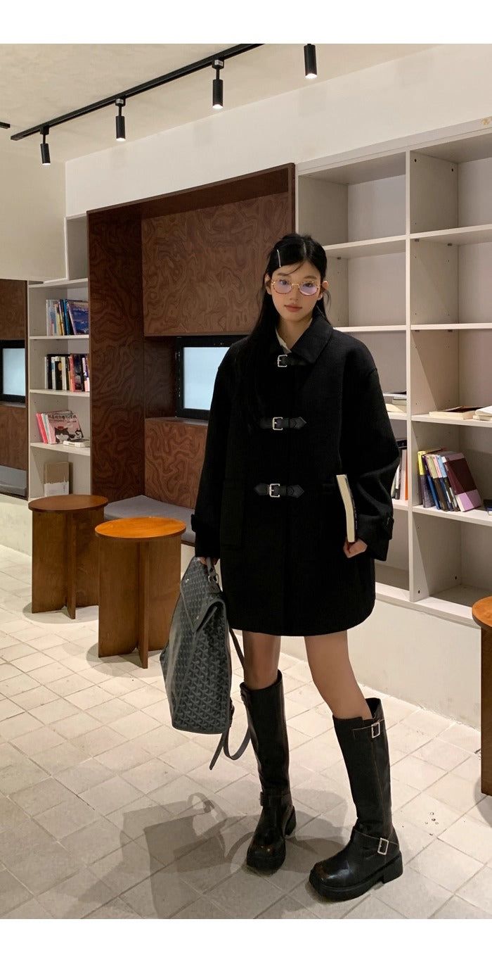 wool black collar buckle half coat