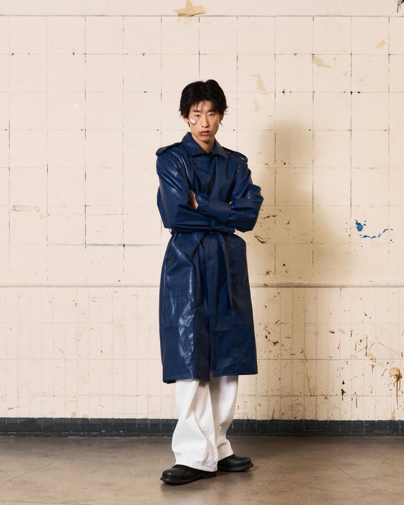 Curved Leather Trench coat (Blue)