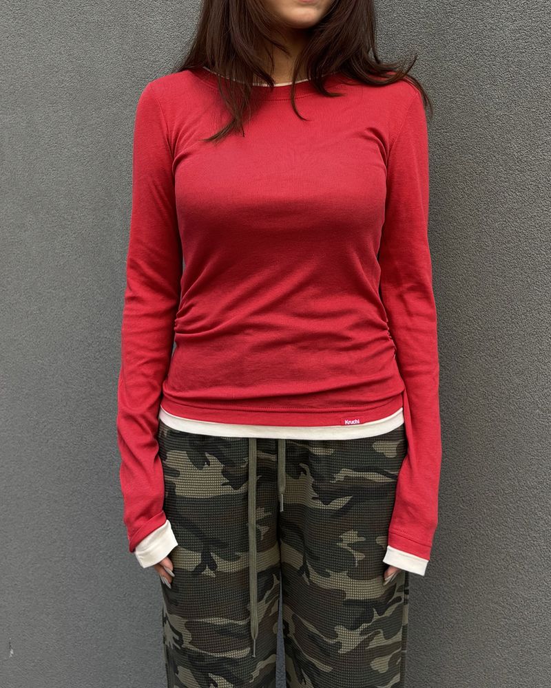 シャーリング レイヤード トップ (RED) 