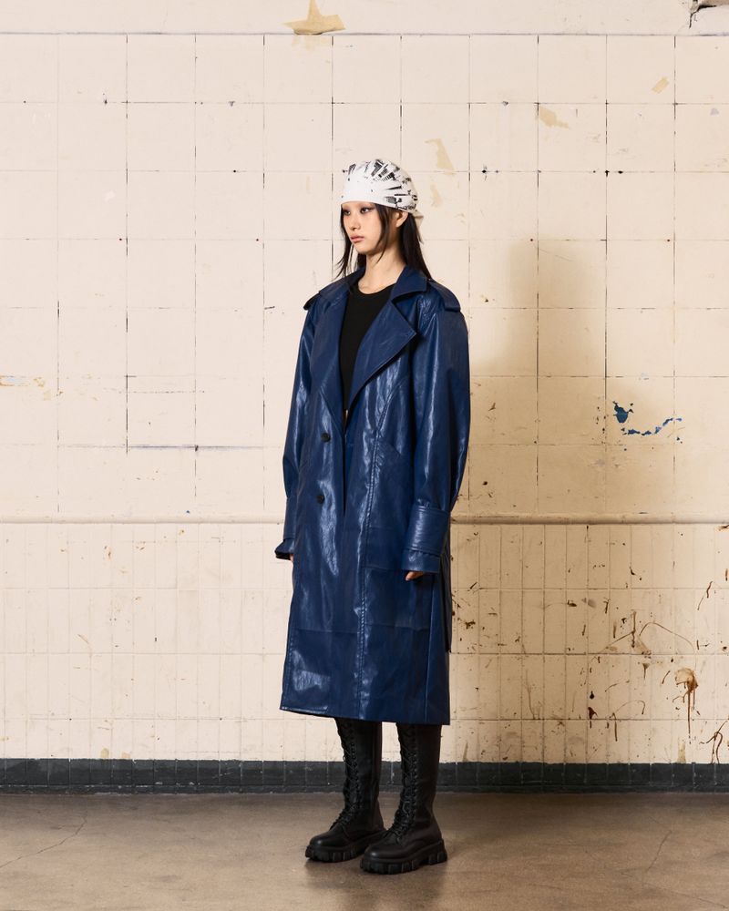 Curved Leather Trench coat (Blue)