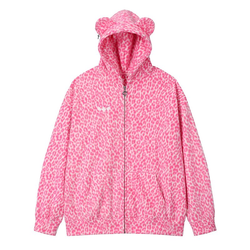 Teddy Leopard Zip-Up Hoodie – Pink