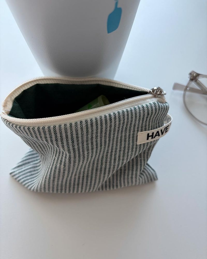 Linen stripe flat pouch - green , S size