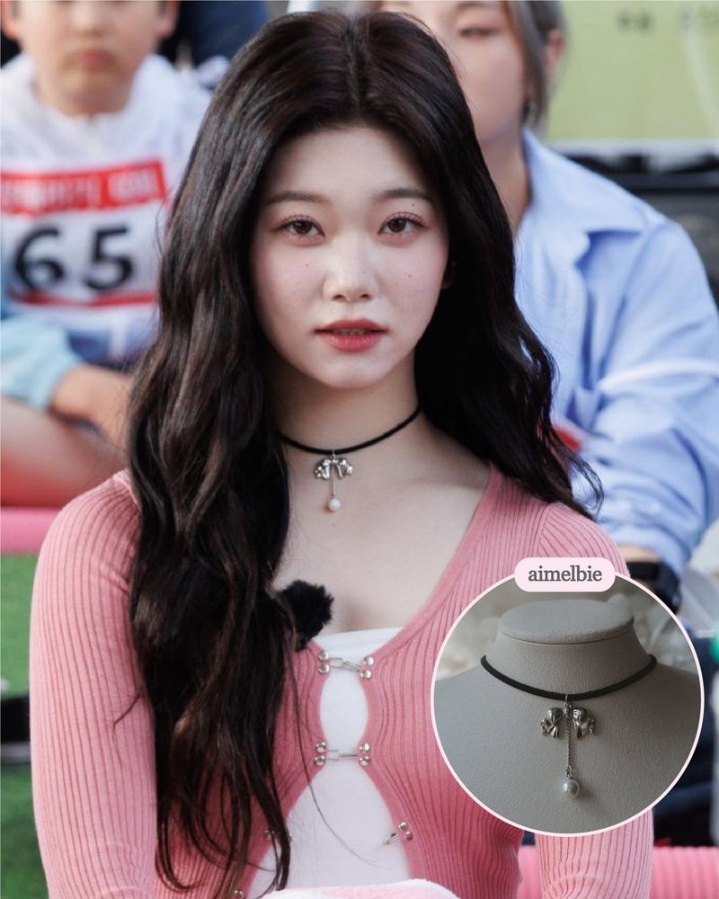 [IVE Wonyoung Necklace] Romantic bow and pearl drop choker - Silver Color