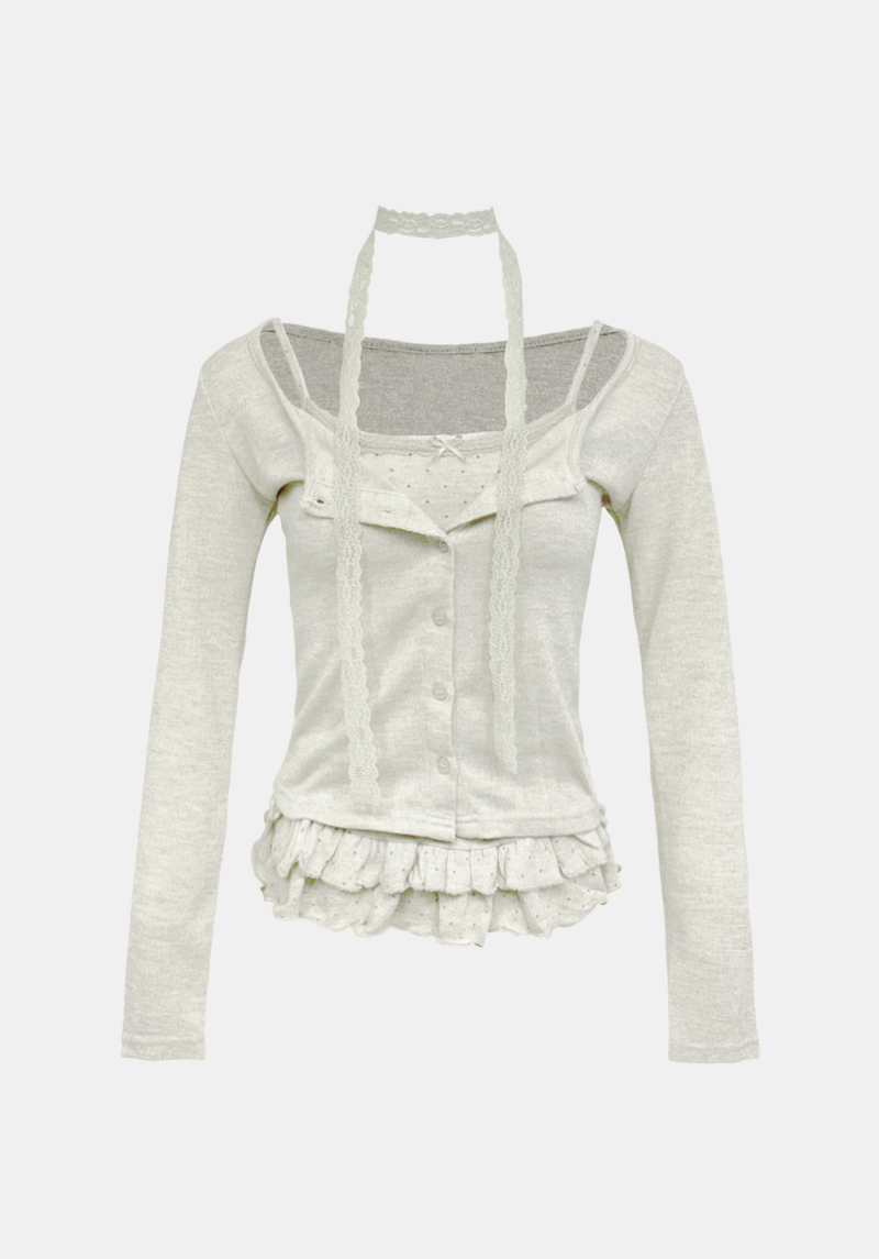 Dot Frill Lace Cardigan Set