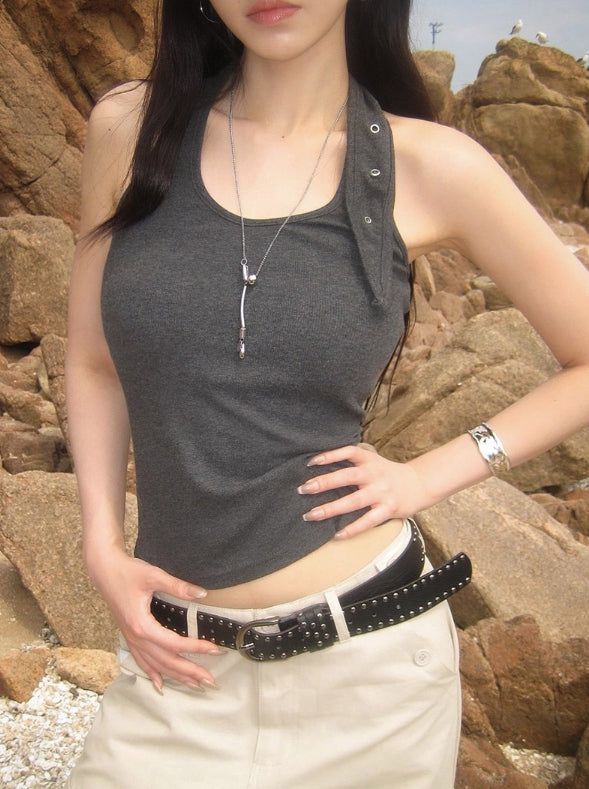 26SS★ [MADE] Pyoli Eyelet Halter Ribbed Sleeveless