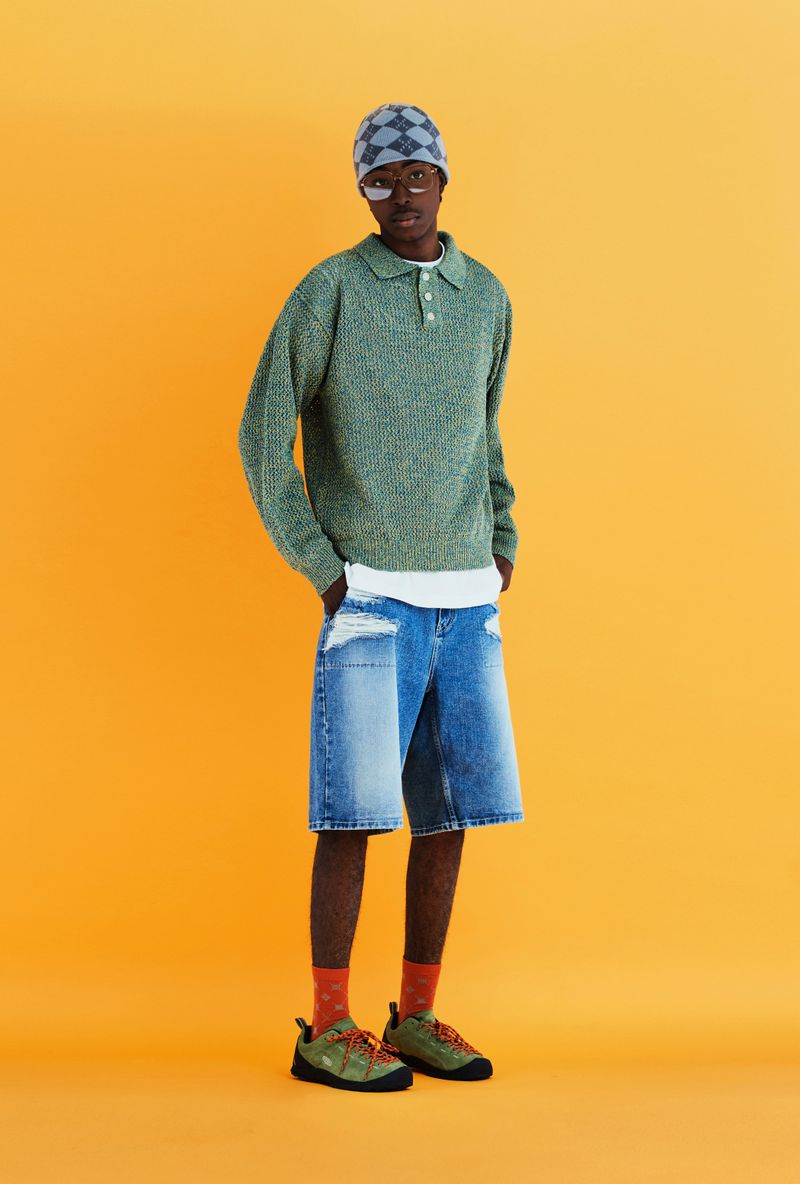 MESH KNIT POLO SHIRT / BLUE&LIME