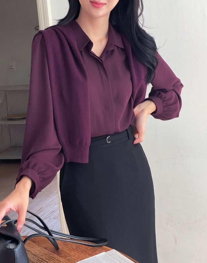 Nero Collar Shirring Hidden Button Puff Blouse