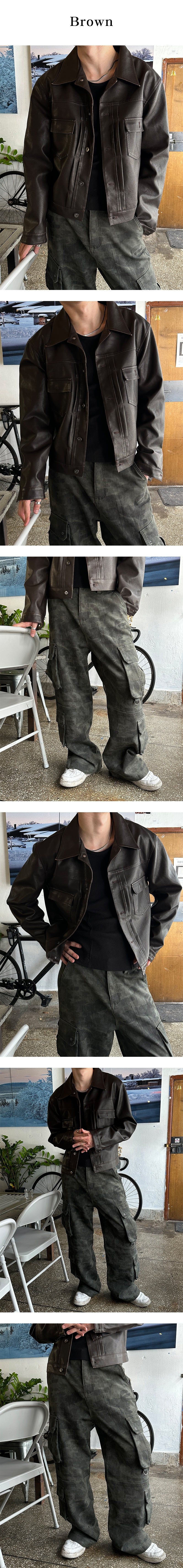  [F/W] Pin tuck leather trucker jacket(3color)
