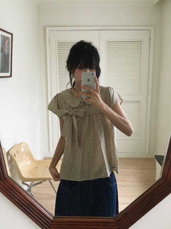 Meva Check Ribbon Short Sleeve Blouse