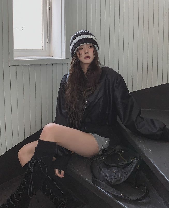 [Mink Lining] Phobia Winter Crop Leather Jacket