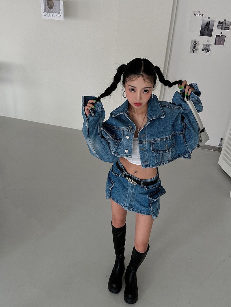 Wafer pocket cropped jean jacket