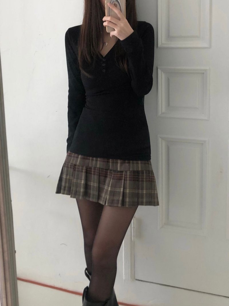 Top checkered pleats skirt (one color)