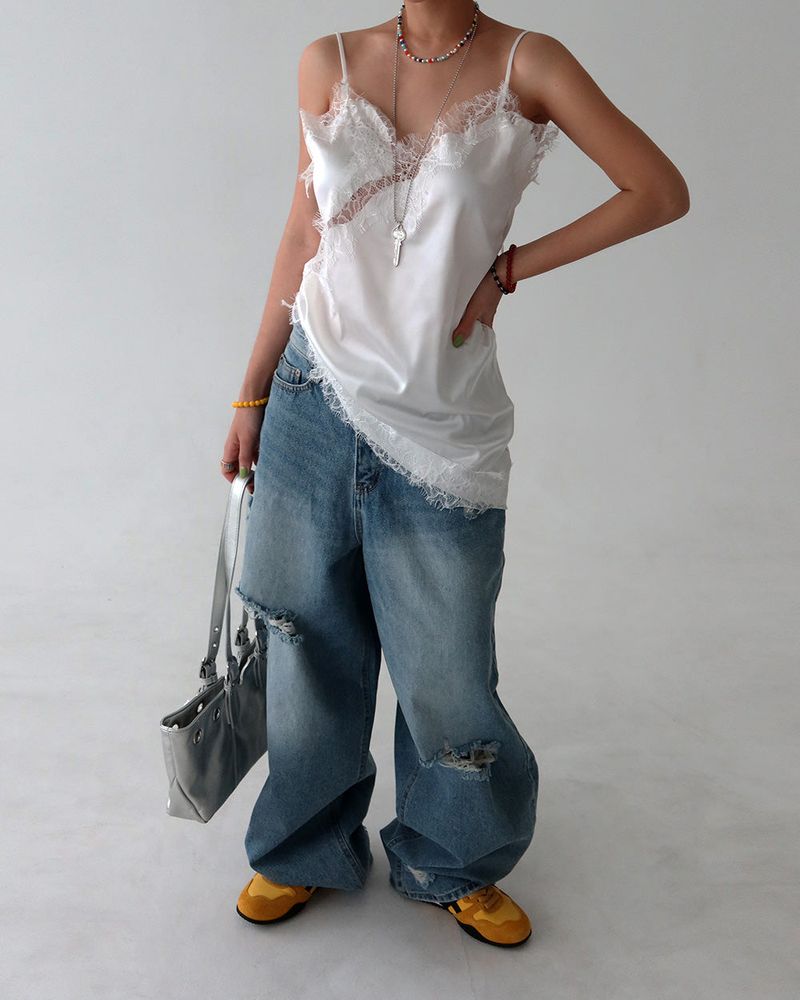 Roll-up collar vintage cutting wide denim