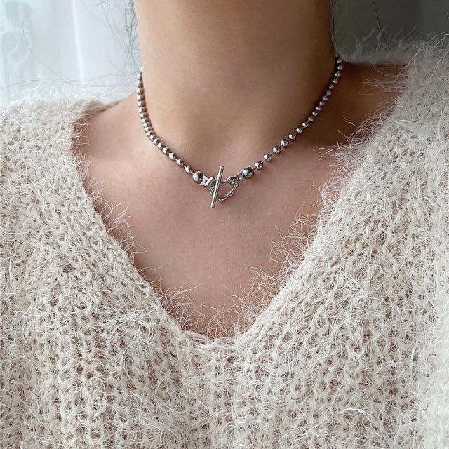 cho Ball Chain Heart Bold Daily Look Choker Short Necklace