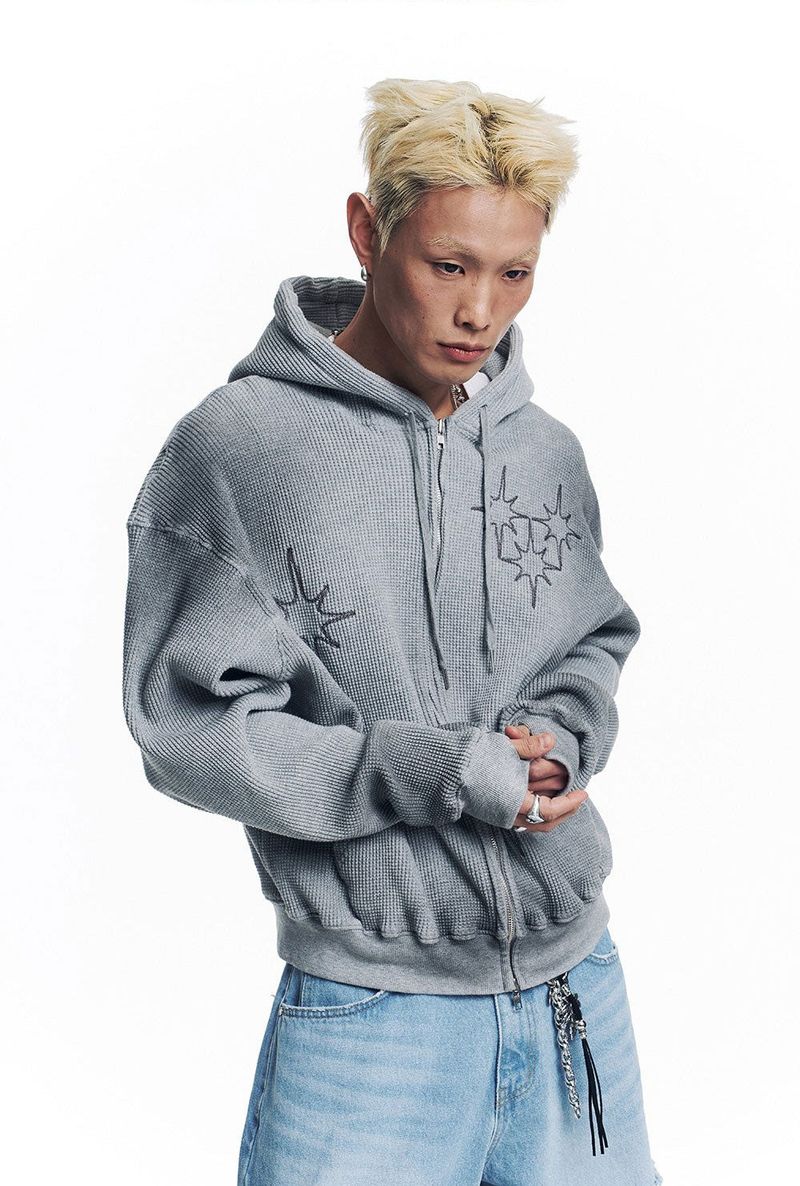 Washed Star Waffle Hooded Zip-Up - Grey