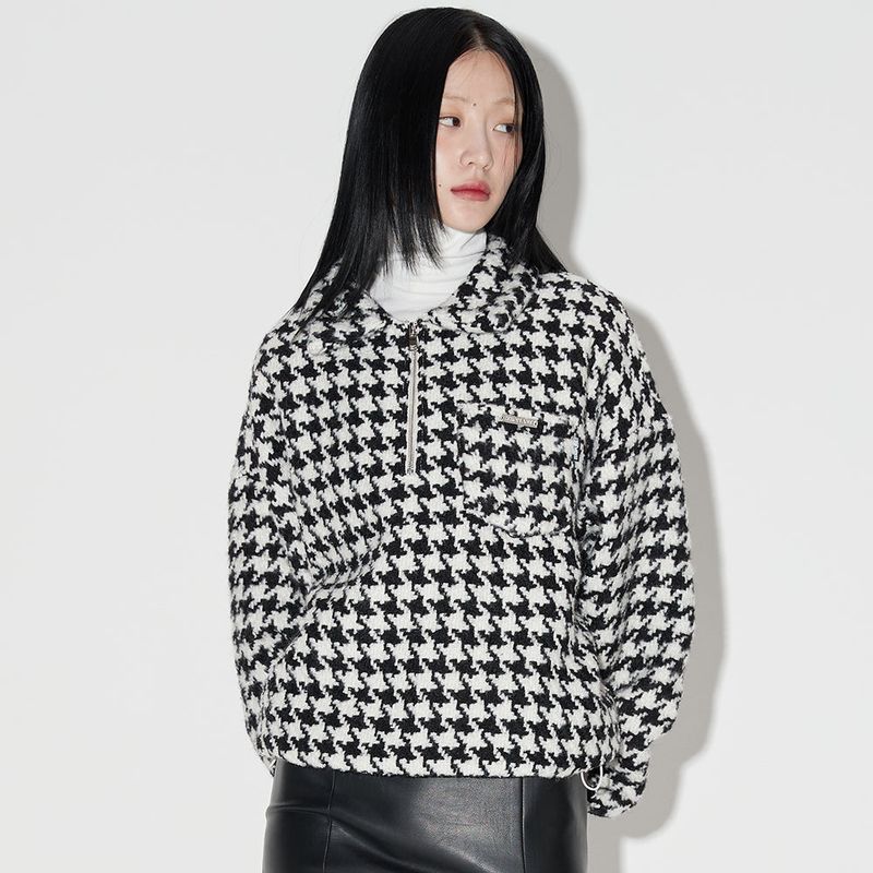 オーバーフィットハウンドニットアノラック / Overfit Hound Tooth Knit Anorak [BLACK]