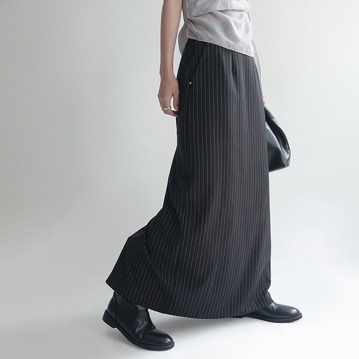 [made/4size] [Soan] Rivet Pintuck Stripe H-Line Slit Long Skirt -3color