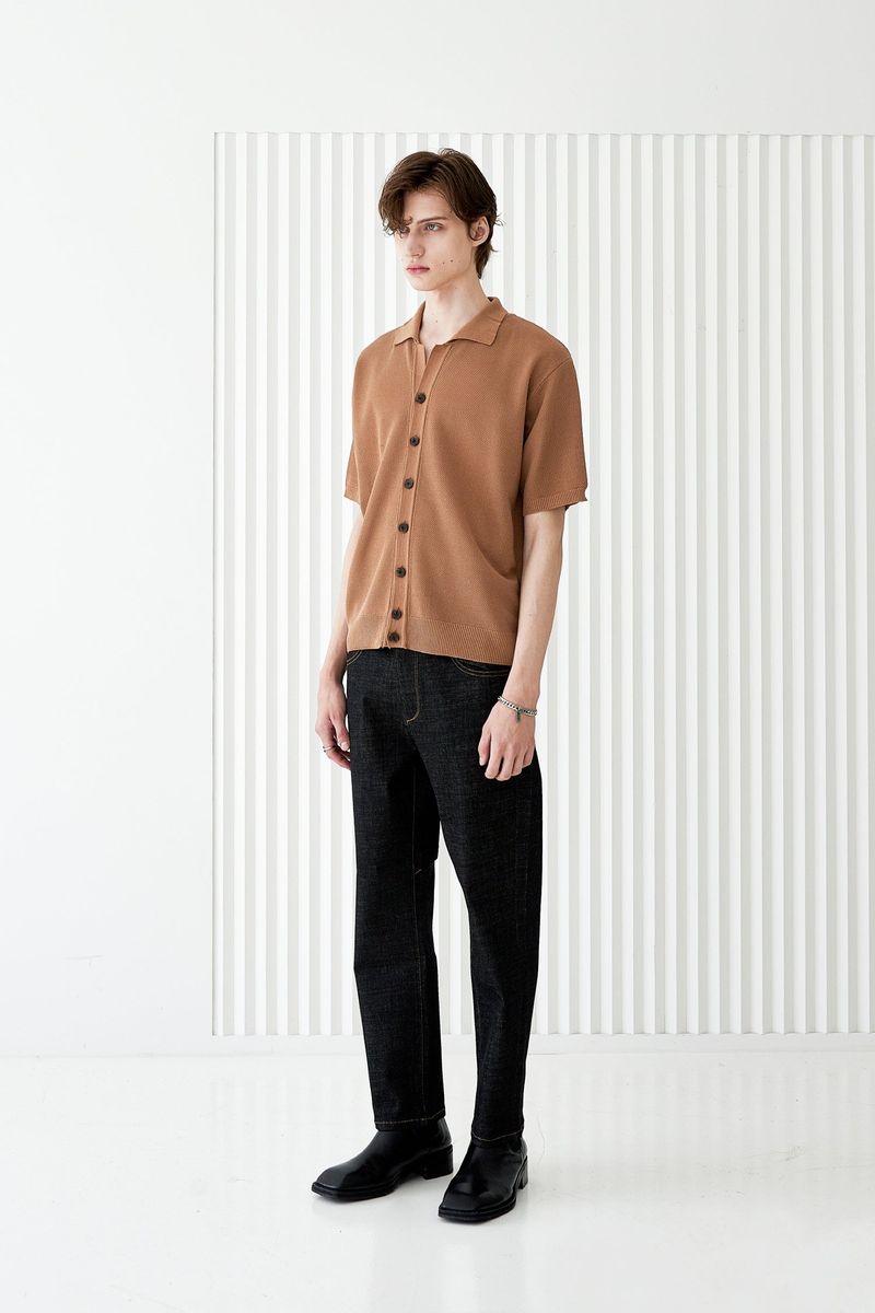 BUTTON UP HALF SLEEVE PIQUE CARDIGAN BROWN