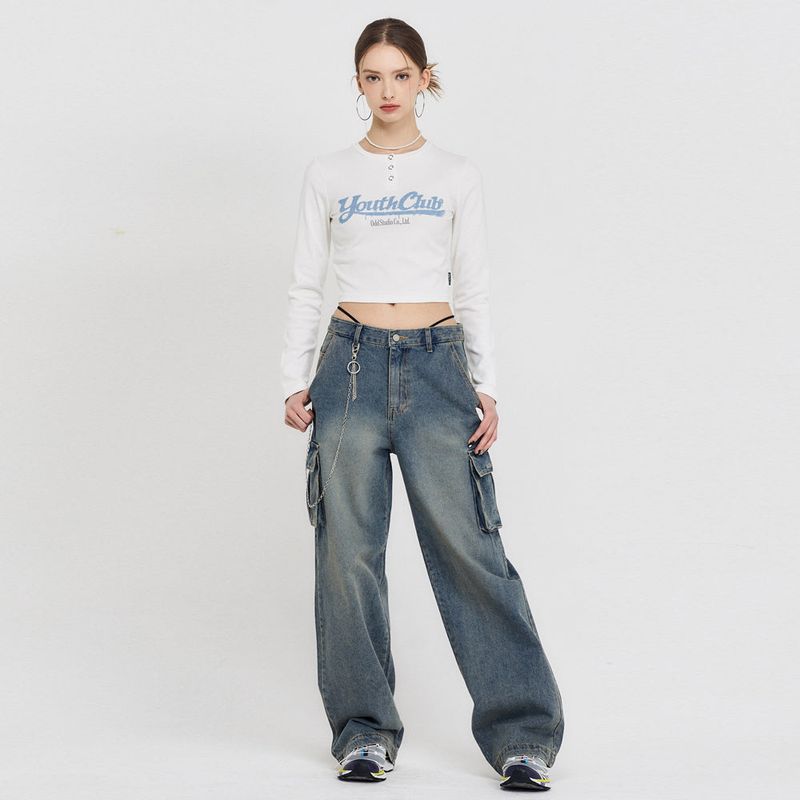 Sand Washed Cargo Wide Denim Pants - blue