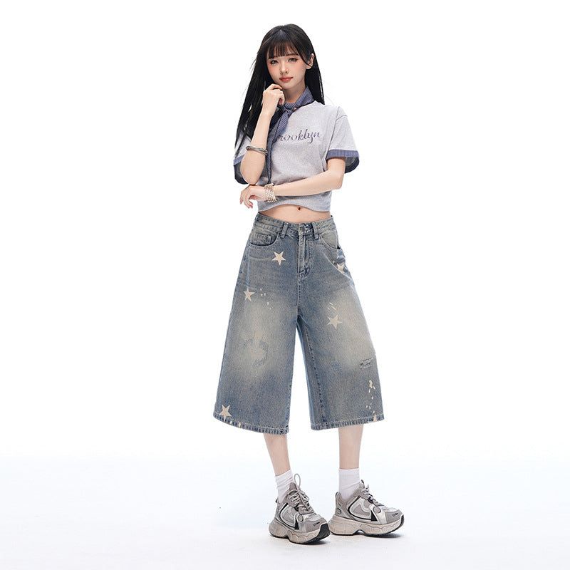 ヴィンテージスター プリントウォッシュド ワイドクロップドデニムパンツ