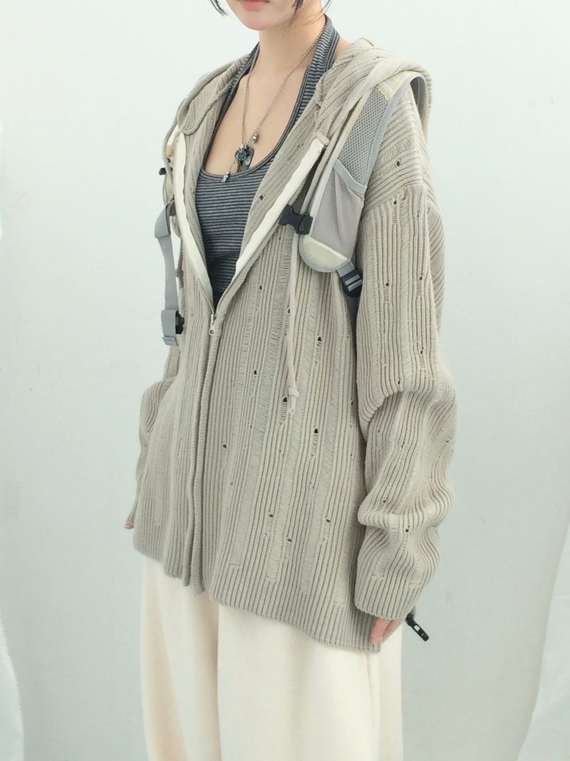 Punch Damage Hooded Knitwear Zip-Up