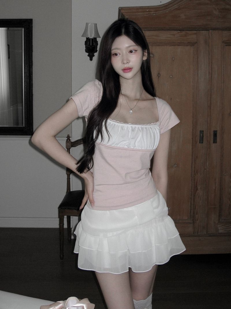 ZANNE（ザンヌ）の「[MADE] Dual-Tone Contrast Lace Shirred Top（Tops）」
