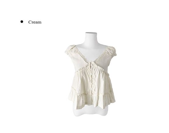 Amu Lace Frill Button Puff Short Sleeve Blouse