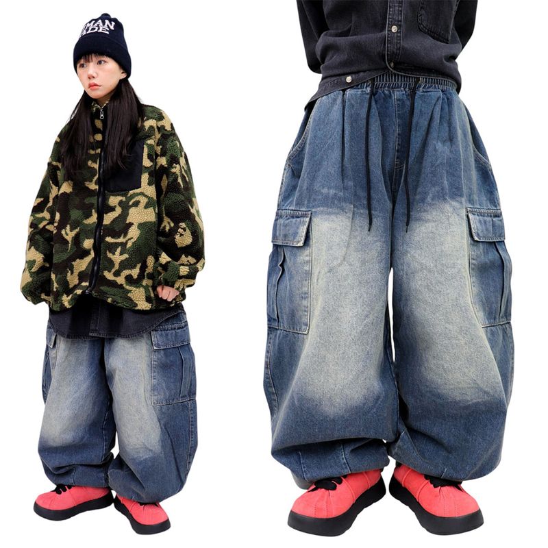 Vintage-Washed Denim Cargo Balloon Pants